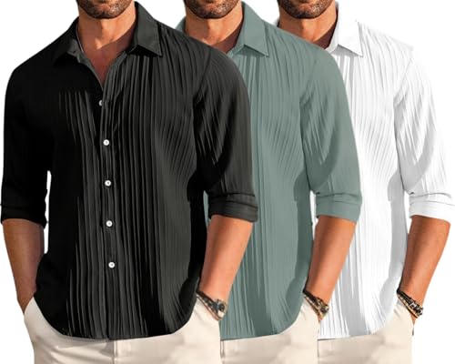 Image of FINIVO FASHION Combo of Men's Casual Cotton Plain Button Down Shirt Long Sleeve Textured Summer Beach Shirt for Men Pack of 3