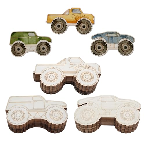 Unfinished Wood of Monster Truck for Crafts, Truck Cutouts Vehicles Blank Wooden Slices DIY Wood Truck for Birthday Christmas Party Decoration Gift Idea (30)