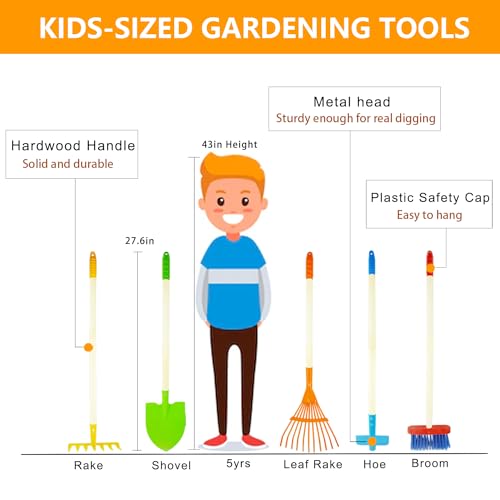image for POMIKU Kids Shovel, Rake for Leaves, Spade, Hoe and Broom, 5Pcs Kids G
