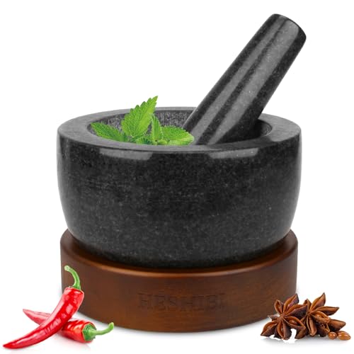 HESHIBI Heavy Duty Mortar and Pestle Set with Wood Base, 100% Natural Granite Mortar and Pestle Small Stone Grinder Bowl, Molcajete Bowl, Masher Guacamole Bowls, 2 Cups Polished Black