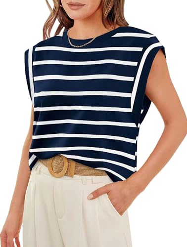 PANOZON Womens Cap Sleeve T-Shirt Summer Tank Top Crewneck Casual Loose Fit Basic Tee Shirt Blue and White Stripe Stripe M