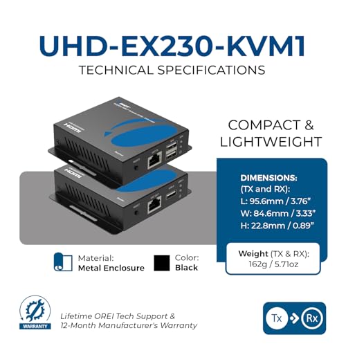 Image of OREI 4K HDMI Extender Over Ethernet with KVM 230ft 18Gbps, HDR10, HLG, LPCM