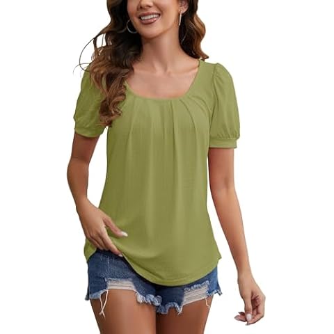 Bashafo Tops for Women Dressy Short Sleeve Shirts Loose Fitting Casual Ladies Blouses Square Neck Pleated Spring Top Summer Tunic Business Blouse Soft Mustard Yellow Cover
