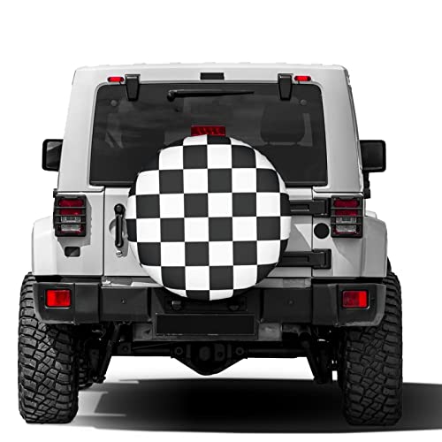 Image of Black and White Racing and Checkered Pattern Spare Tire Cover Dust-Proof Wheel Tire Cover Fit Trailer, RV, SUV and Many Vehicle 14 Inch