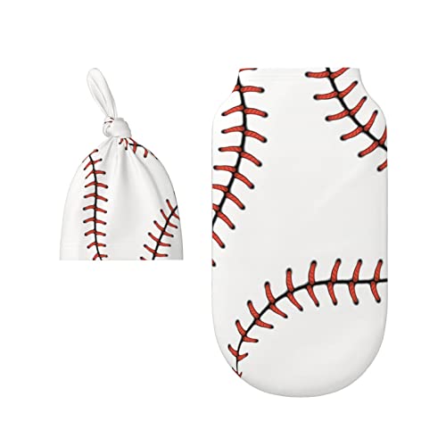 Image of LOGMOR Sport Baseball Lace Pattern Baby Newborn Swaddle Blanket with Beanie Hat Set, 100% Cotton Receiving Blankets Sleep Sack for Boy & Girl Newborn Shower Gift