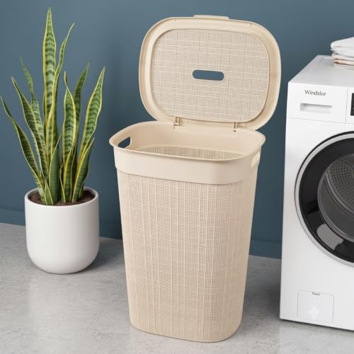 Image of 70 Ltr Plastic Big Laundry Basket for Clothes with Lid & Carry Handles | Lightweight & Ventilated Design Cloth Basket - Ideal for Home Organization and Storage | Cream
