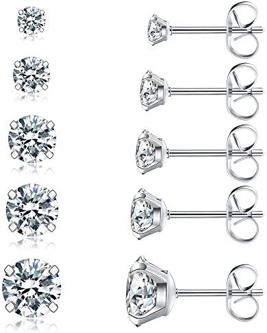 5 Pairs Stud Earrings Set, Hypoallergenic Cubic Zirconia 316L Earrings Stainless Steel CZ Earrings 3-8mm (Steel color)