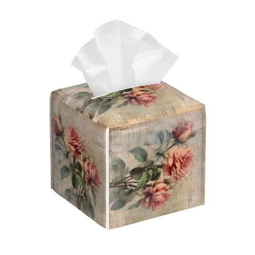 Square Tissue Box Cover, Leather Tissue Cube Box Holder, Vintage Flower Floral Plant Retro Design Facial Paper Case for Tabletop, Bathroom, Car, Office 5.2x5.2x5.2in