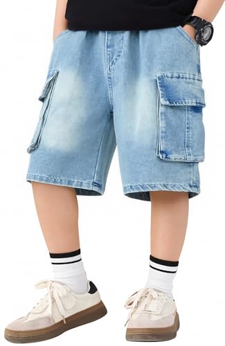 SEAUR Teenage Boys Oversize Shorts Wide Leg Denim Shorts with Pockets Y2k Jorts Streetwear Elastic Half Pants 13-14 Years Light Blue
