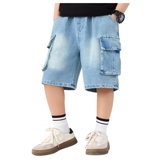 SEAUR Shorts en Jean Baggy Ado Garçon Bermuda Cargo Été Taille Élastique Denim Pantalon Court Jambes Larges Streetwear Bleu Clair 14-15 Ans