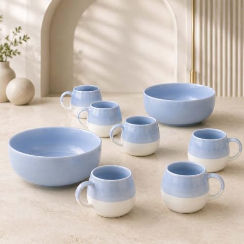 Image of The Earth Store Sky Blue Ceramic Snack Bowl & Tea Cup Combo | Bowls & Tea Cups(Ovule) | Microwave & Dishwasher Safe | Multipurpose Combo for Tea, Coffee, Snacks, Diwali Gifting