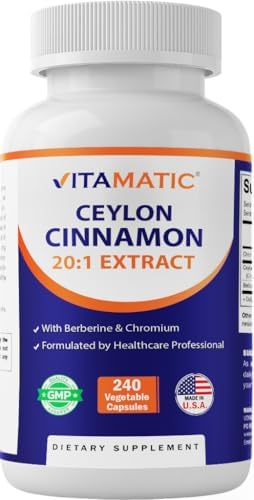 Vitamatic Ceylon Cinnamon 20:1 Extract 500 mg with Berberine & Chromium - 240 Vegetable Capsules - Non-GMO & Gluten Free
