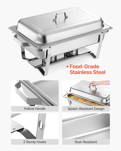 VEVOR Rectangle Chafing Dishes, 9 Qt 2 Pack Stainless Steel Chafing Dish, Food Warmer Chafer Complete Set with Hollow Handle, 1 Food Tongs, Lid, Canister Holder, Chafer Dishes for Banquet Wedding