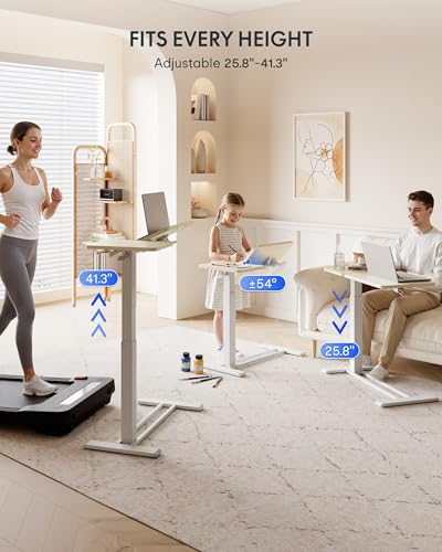 Image of FLEXISPOT Adjustable Height C-Shaped End Table with Split Tilting Top - Mobile Side Table for Sofa & Bedside, Slides Under Furniture, Hidden Wheels for Small Spaces(31.6 inchW x 15.7 inchD,White Wood Grain)