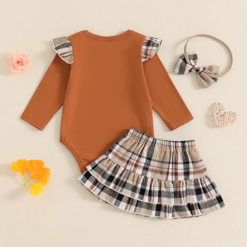 Kuriozud Cute Newborn Baby Girl Fall Winter Outfit Long Sleeve Ruffle Romper Plaid Bow Skirt Set Headband 3 Piece Clothes3