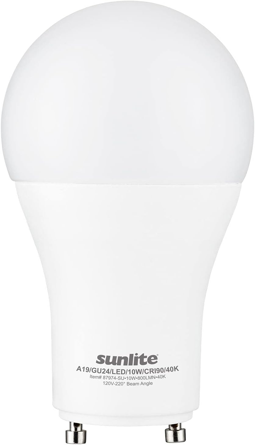 Sunlite A19 GU24 Dimmable Light Bulb, 9 Watts (60WEquivalent) 800 Lumens, 2 Prong LED Twist and Lock Base, 90 CRI, ETL Rated for Enclosed Fixtures, 4000K Cool White, 1 Pack