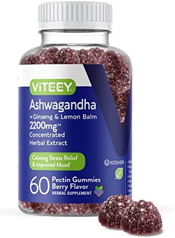 Ashwagandha Gummies Extra Strength 2200mg Plus Ginseng & Lemon Balm Herbal Extract Vitamin Supplements for, Calm, Relax, Restore, Unwind, Vegan, Gummy Chews