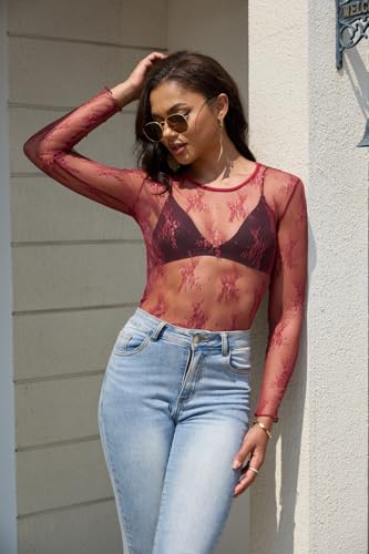 YAMILI Lace Tops for Women Mesh Long Sleeve Top Crew Neck Sheer Blouse Sexy See Through Layering Shirts Outfits Red Wine - image 3