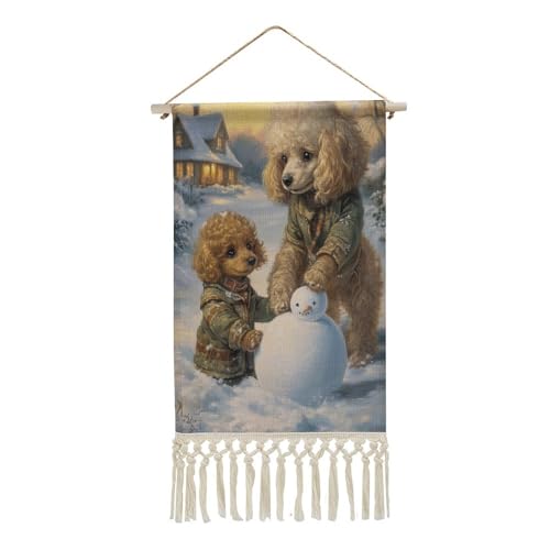 Jubonexis Arazzo da parete in lino, con barboncino invernale, per genitori e bambini, con pupazzo di neve, poster vintage da appendere alla parete, con nappe e asta in legno