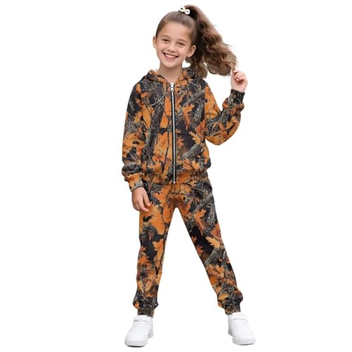 YECARYPOD Dead Leaf Boys Girls 2 Piece Tracksuit Athletic Sweatsuits Pullover Clothes Kids Zip Sweatshirt and Jogger Sweatpants Fall Casual Jacket Coat Children Sweat Suits Girls Fashion Clothes Set