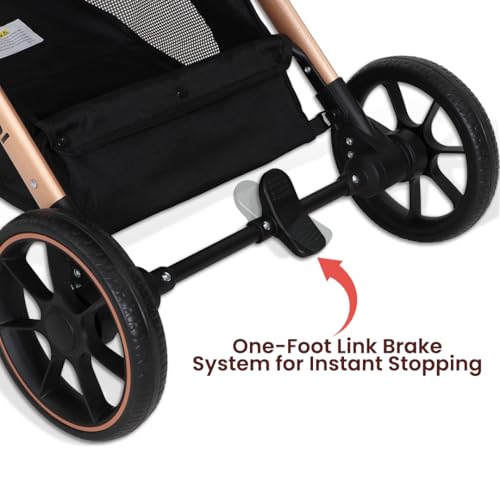 Image of Infantso GlideX Premium Baby Stroller / Pram, Reversible Handle, One-Hand Fold and 360 Rotating Wheels,, Travel Friendly, 5 Points Safety Harness, Extendable Canopy, Multilevel Recline, Adjustable Footrest, Easy Fold, Shock Absorption Wheels, for babies 0 to 3 years (GoldenBlack)
