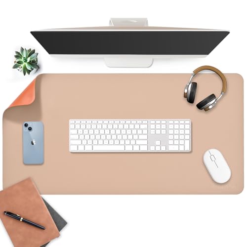 Image of Aropana Vegan Leather Desk Mat | Large Reversible Mouse Pad & Computer Table Protector | Dual-Side Waterproof Extended Laptop Pad with Edge-Stitched Design (90x45cm, Apricot and Orange)