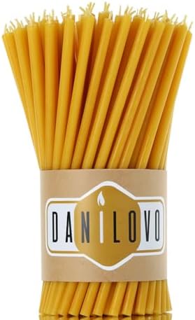 Danilovo Thin Taper Beeswax Candles - Honey-Scented, Decorative Candles Ideal for Birthday Decoration or Church Prayers - Yellow Drip Free, Tall & Smokeless Pack of 50 pcs, 6.4 x 0.22 inch