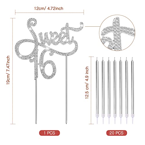 Sweet 16 Cake Toppers Rhinestone Birthday Cake Topper, 20 Pcs Metallic Birthday Candles Sweet 16 Cake Candles Sweet 16 Birthday Decorations Happy Birthday Candles For Cake Birthday Decor (Silver) #TOP1