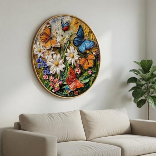 Image of SAF Butterfly Floral Wall Painting Round PVC Golden Frame Colorful Nature Wall Decor for Living Room Bedroom Office Modern Flower Art Decorative Gift Item (20 x 20 Inch) GRL-379
