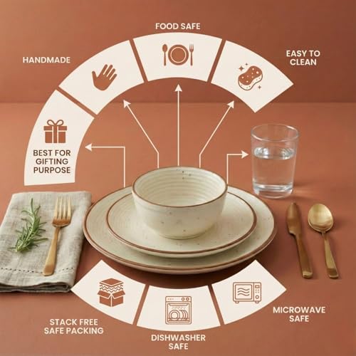 Image of Freakway Ceramic Dinner Set 18 Pieces | Stoneware Dinnerware with 6 Dinner Plates, 6 Quarter Plates & 6 Bowls | Rustic Speckled Design, Off-White