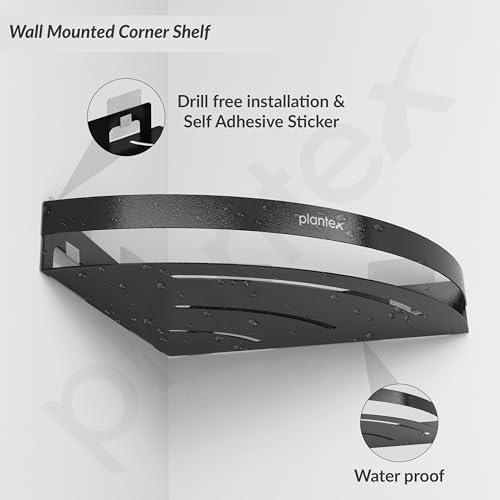 Image of Plantex Corner Shelf for Bathroom Wall /Self Adhesive Bathroom Shelf /Bathroom Corner Shelves self Adhesive /Bathroom Organiser Without Drill- Pack of 3 (Black)