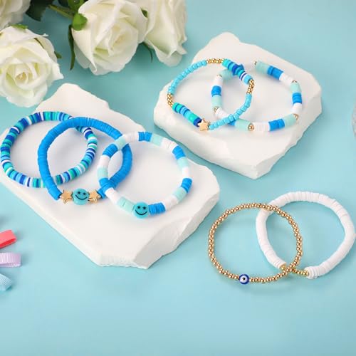 Image of Preppy Bracelets Set Colorful White Gold Smile Heart Star Polymer Beaded Pearl Clay Stackable Charm Y2K Kidcore Aesthetic Summer Beach Bohemian Stretch Layering Bracelets Jewelry for Girls Women Teens