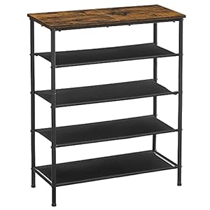 VASAGLE Schoenrek, 5 niveaus, schoenenrekken, smal, metalen frame, 4 legplanken van polyester stof, voor entree, hal…