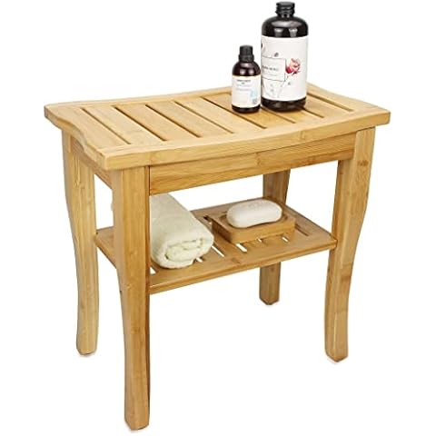 SMIBUY Bamboo Shower Bench, 2-Tier Wood Spa Bath Organizer Stool, Corner Bathroom Chair & Seat with Storage Shelf for Indoor Outdoor(Natural) Cover