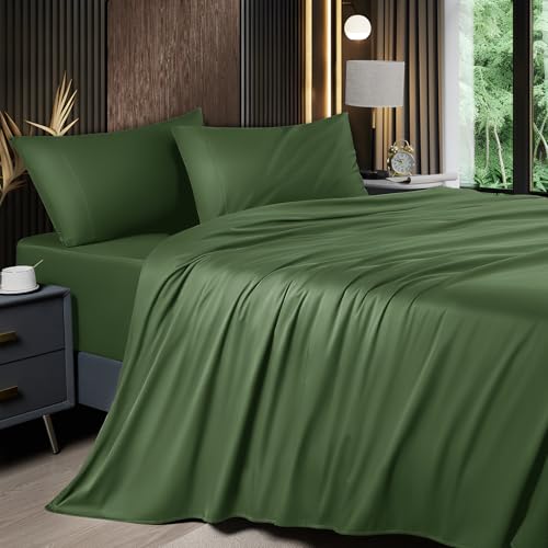 Image of Shilucheng 4 Piece Queen Sheet Sets, Cooling Sheets, Blend Rayon Derived from Bamboo, Deep Pocket Up to 16 inch, Breathable & Soft Bed Sheets, Hotel Silky Bedding Set, Olive Green