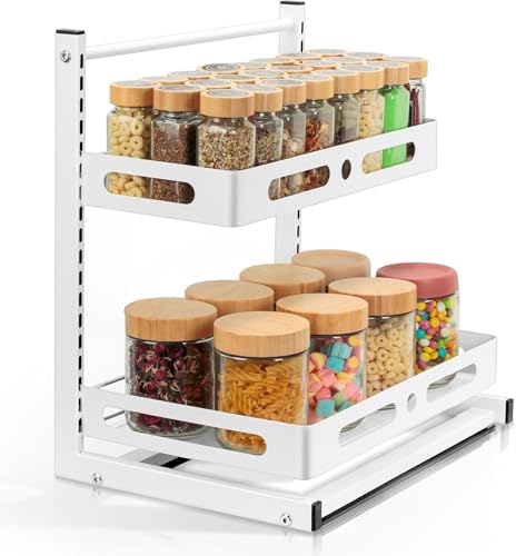VINATO Organizer Sottolavello Cucina, 2 Livelli Metallo Organizzatore Cassetti Cucina, Regolabile in Altezza Scaffale Organizzatore Sotto Lavello, Organizer Detersivi per Bagno, Spezie, Bianco
