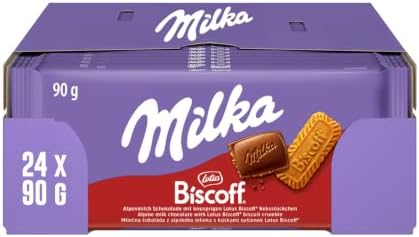Milka Biscoff Tafelschokolade, 90 g (24er-Pack) | Milka Alpenmilchschokolade mit knusprigen Lotus Biscoff-Keksstückchen für einzigartigen Genuss