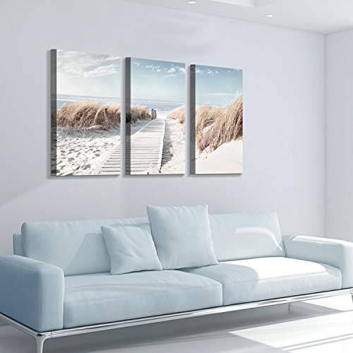 Hardy Gallery Beach Path Picture Coastal Artwork: Seaside Boardwalk Painting Art Print on Canvas for Living Room (34'' x 20'' x 3 Panels) - Image 3