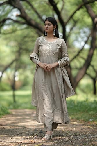 Image of MOKOSH Women's Silk Embroidery Anakrali Kurta Pant with Dupatta | Anarkali Kurta Set | Round Neck Full Sleeve Ethnic Suit | Floral Kurta 7 Colour Option Available | 3 Piece Outfit