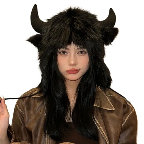 Cute Buffalo Horns Ears Winter Hat Fuzzy Plush Fur Warm Russian Ushanka Trapper Hat Viking Christmas Halloween Animal Cosplay Costume Windproof Earflap Hood Thermal Cold Weather Snow Ski Hat
