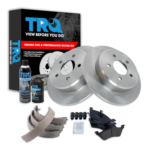 Image of TRQ Rear Brake Pad & Rotor Kit, with Chemical Kit Parking Brake Shoe Set Ceramic Compatible with 2001-2007 Chrysler Town & Country Dodge Caravan Grand Caravan