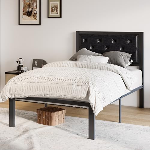 Image of Allewie Twin Bed Frame with Faux Leather Upholstered Headboard, Chic Diamond Stitched Tufted Design, No Box Spring Needed, Black