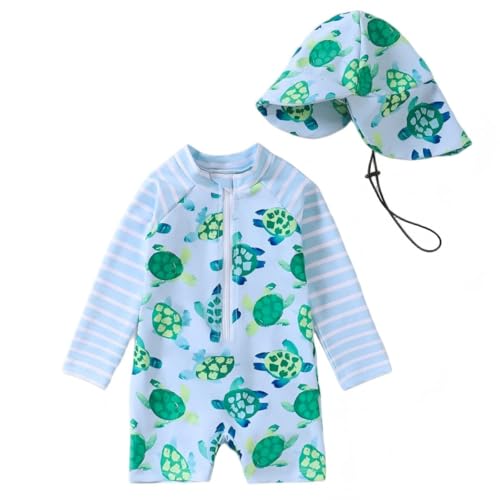 Image of Baby/Toddler Boy Long Sleeve Rash Guard Swimsuit Sun Protection One Piece Swimwear with Hat Quick Dry Bathing Suit