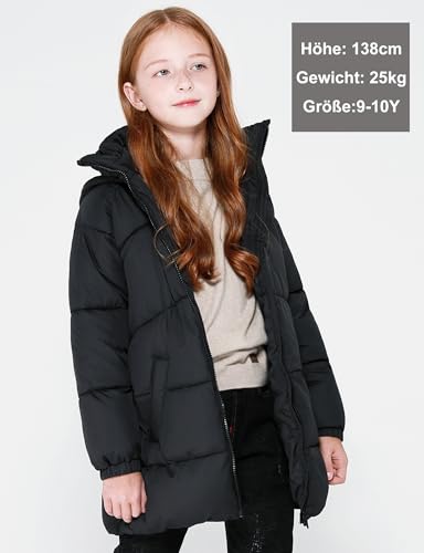 maoo garden Mädchen Winter Langer Puffer Leichter Mantel Dick gepolstert Weiches Fleece Jacke mit Kapuze 817 Schwarz 11-12Y