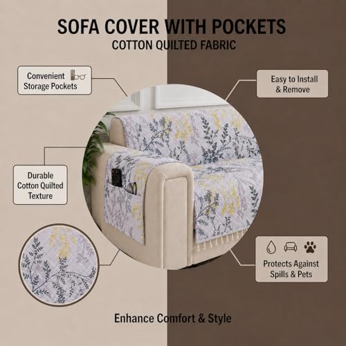 Image of STITCHNEST 'Frostvine Collection' 2 Seater Sofa Cover | Full Coverage with Armrest Pockets | Cotton Quilted Fabric, Decorative Tassels, Washable & Durable for Modern Living