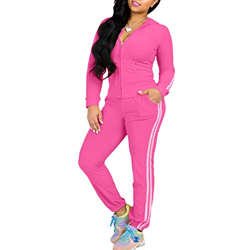 WOOSEN Women's Side Stripe Casual 2 Piece Sweatsuit Solid Long Sleeve Zip-up Hoodie & Skinny Pants Tracksuits Bodycon Jumpsuits, 9256-pink, X-Large