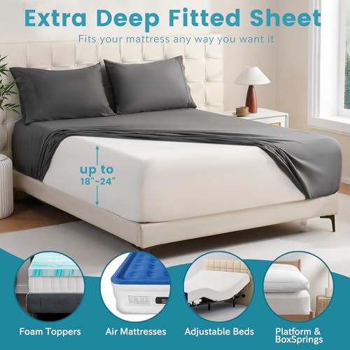 Bedlifes King Sheet Set, Extra Deep Pocket 18-24 Inches,1000Thread Count 100% Egyptian Cotton, Soft and Breathable Sateen 4-Piece, Dark Grey