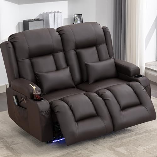 Image of URRED Power Loveseat Recliner Sofa with Massage and Heat, Wall Hugger Reclining Loveseat, RV Couch Home Theater Seating with LED Lights for Living Room (Dark Brown, 54 inch - 2 Seats)