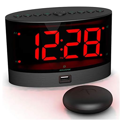 ANJANK Loud Alarm Clock with Wireless Bed Shaker, Powerful Vibrating Alarm Clock for Heavy Sleepers and Hard of Hearing, Large Number Display with Dimmer, Dual Alarm & USB Charger Port for Bedroom