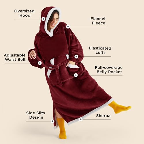 Image of Bedsure Wearable Blanket Hoodie, Long Hooded Blanket Sweatshirt as Christmas Birthday Gifts for Men, Cozy Sherpa Hoodie for Adult, Oversize, Burgundy